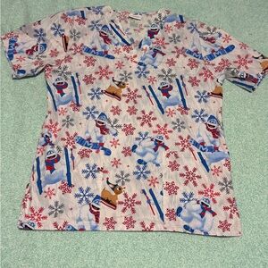 Holiday Ski Penguin Print Scrub Top - Festive Red & Blue Snowflakes